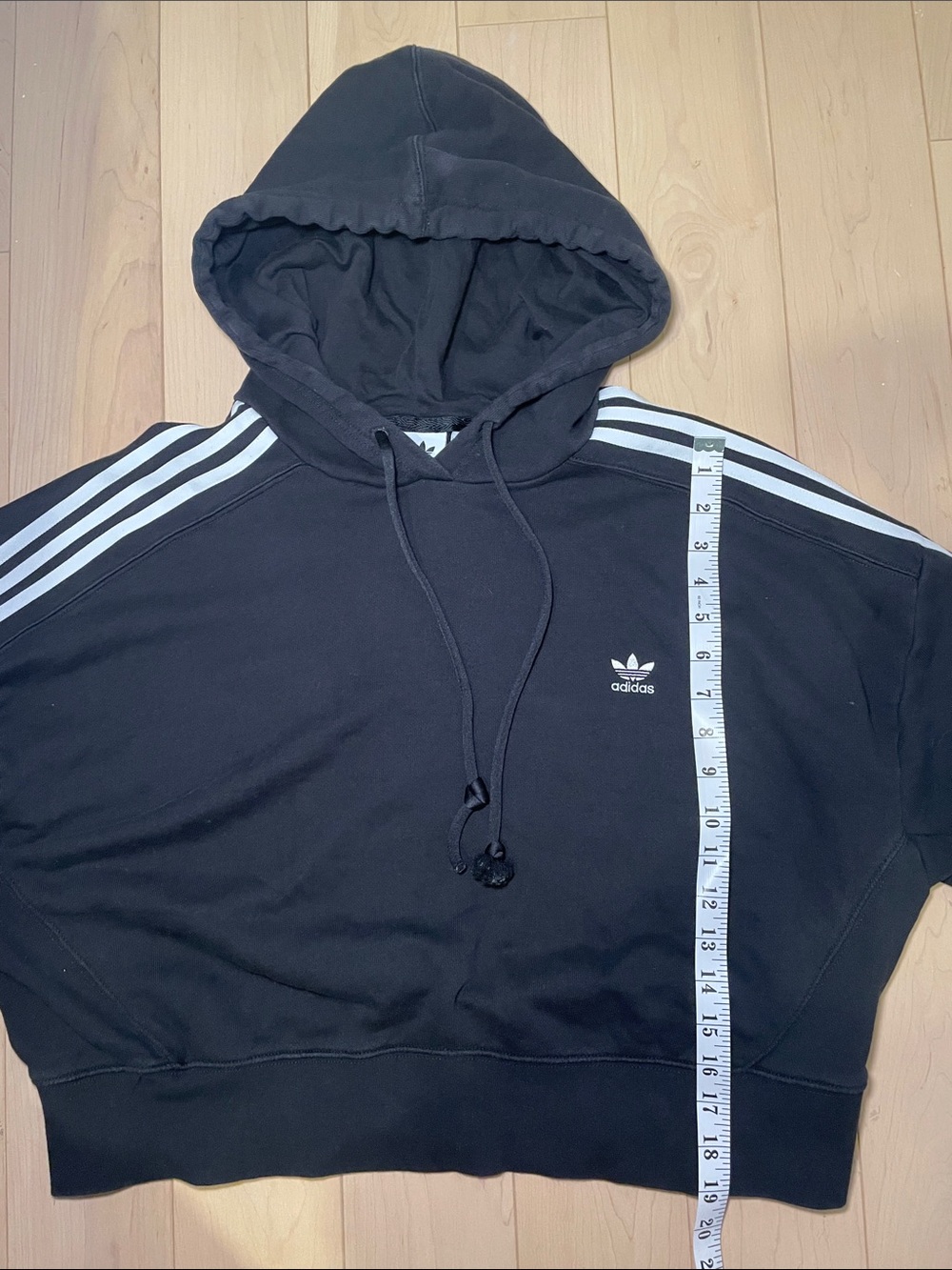 ADIDAS Hoodie Black Cropped Crewneck Sweater with White Stripes Sporty Luxury - Picture 6 of 7